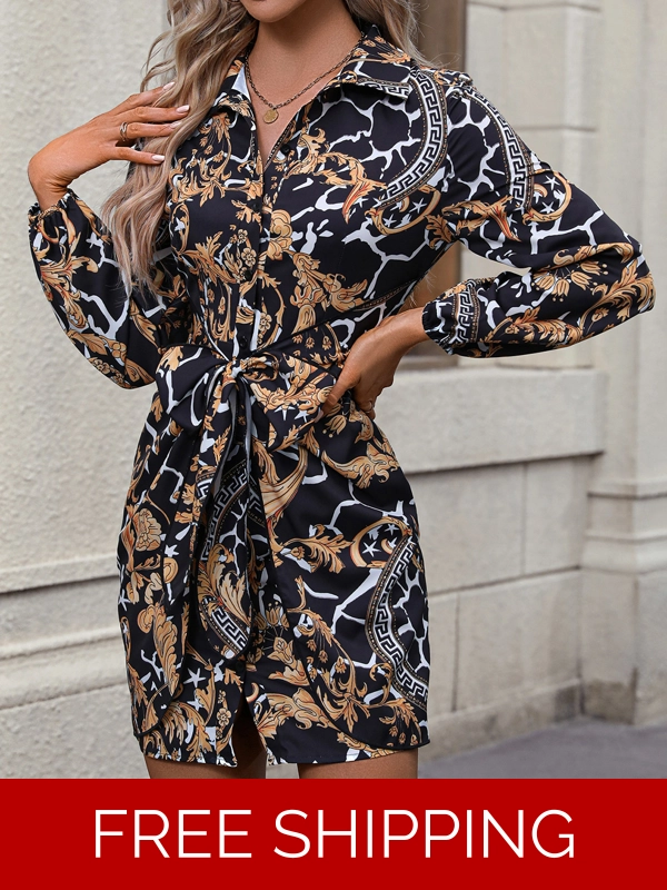 Tie Front Printed Collared Neck Shirt Dress